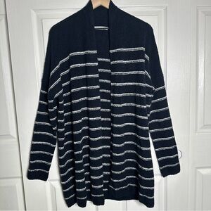 Vince Boucle Womens Black White Striped Cardigan Open Front Medium Coastal *Flaw